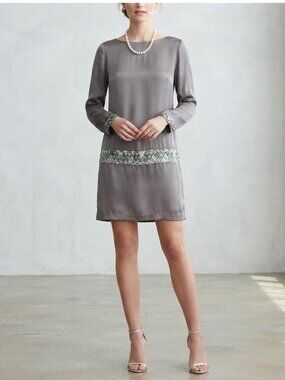 GUESS by MARCIANO Silk Blend Dress Embroidered MOP Sequin Button Grey Tu…